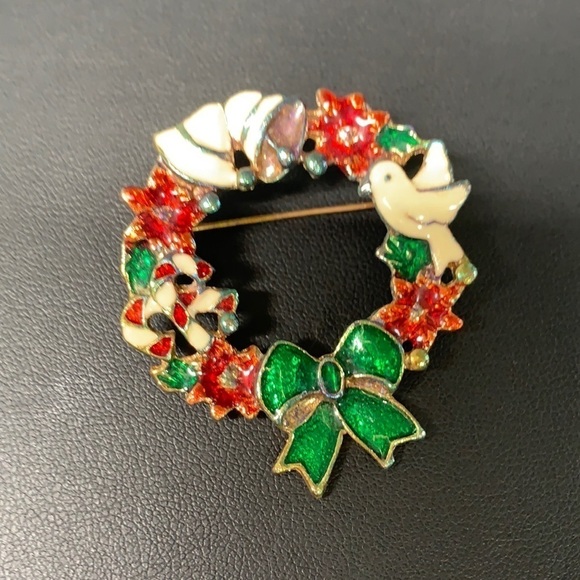 Vintage Holiday Wreath Brooch - Metal/Enamel, Red/White/Green/Gold, 2” - Picture 1 of 3